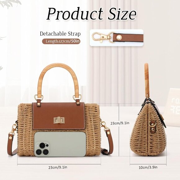Women's Rattan Straw Crossbody Bag with Wood Handle Summer Beach Purse - Picture 2 of 6